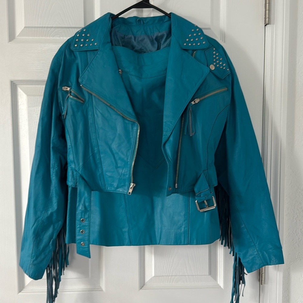 90s vintage Chia tassel, leather jacket, and ski skirt set